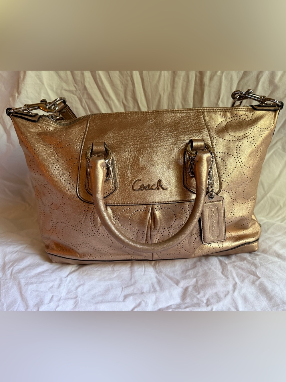 Coach Ashley Perforated Gold Leather Satchel with Silver Hardware